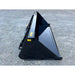 Glossy black steel tractor bucket attachment with reinforced sides and mounting brackets resting on gravel surface outdoors
