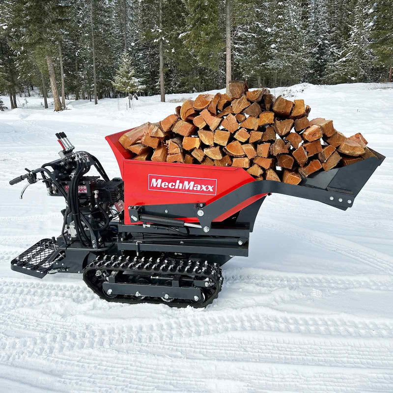 Side angle of red MechMaxx D50HTFL tracked dumper loaded with firewood and bucket raised, gallery position 1