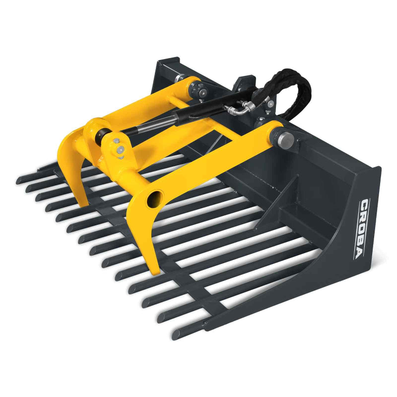 angled clear view of MechMaxx 20-inch mini skid steer rock grapple bucket with yellow grapple arms gallery position 1