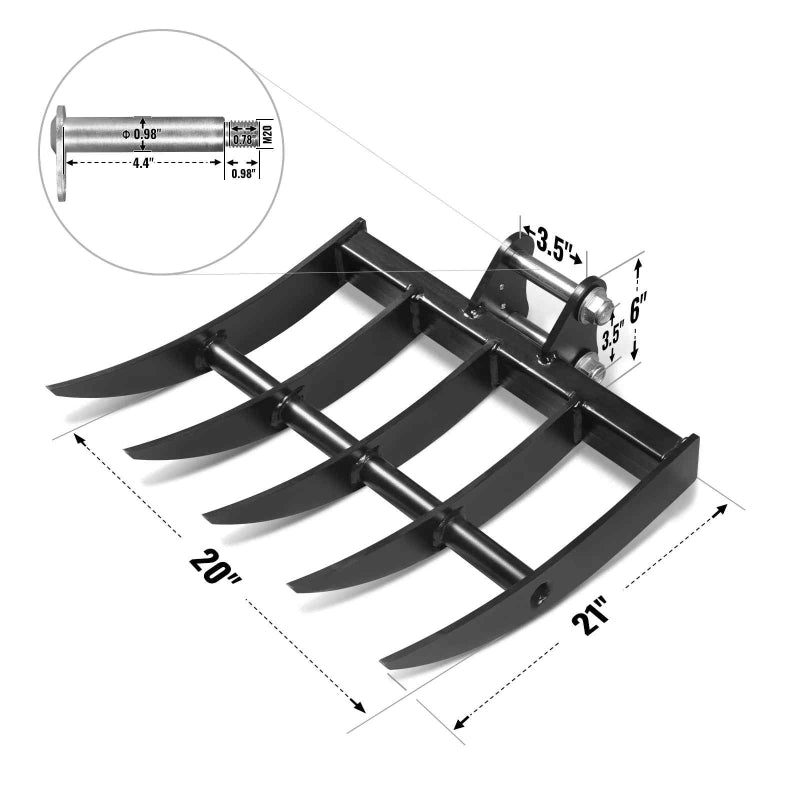 black mini excavator grapple attachment with five curved tines and detailed pin dimensions gallery position 1