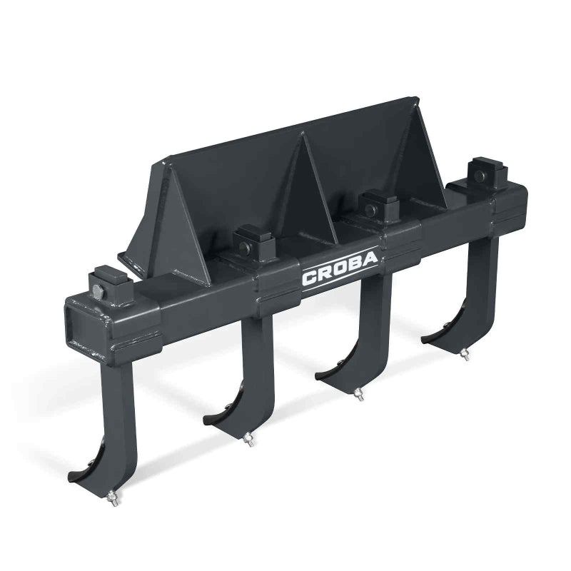 angled view of black Croba mini skid steer scarifier attachment with three scarifying shanks gallery position 1