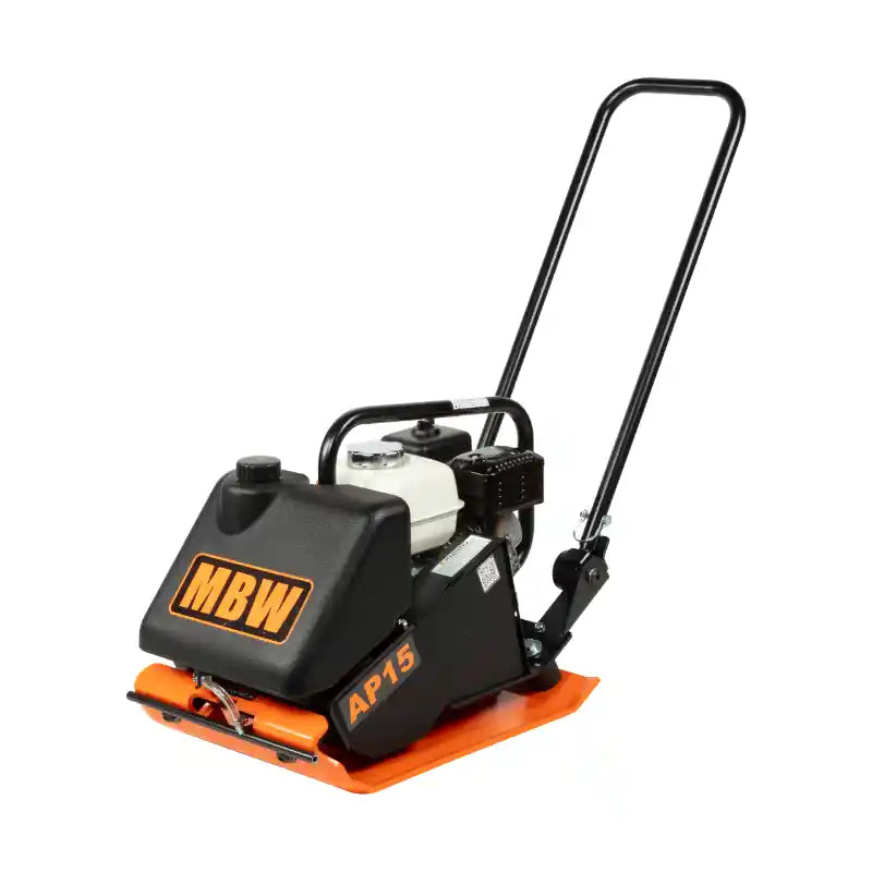 Orange steel plate compactor with black engine cover, white fuel tank, and black tubular handle on white background