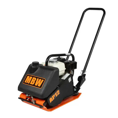Black and orange vibratory plate compactor with white engine and metal handlebar on white background