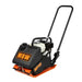Black and orange vibratory plate compactor with white engine and metal handlebar on white background
