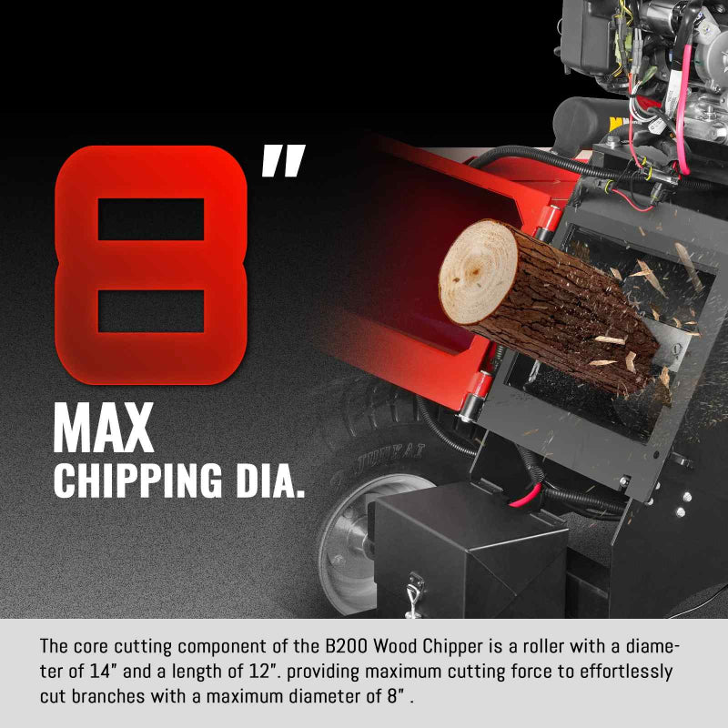 Close-up of MechMaxx 8 inch drum wood chipper feeding an 8-inch diameter log into the cutting roller, gallery position 1