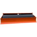 Orange soil leveling attachment with black cylindrical roller and flat bottom blade viewed from front angle