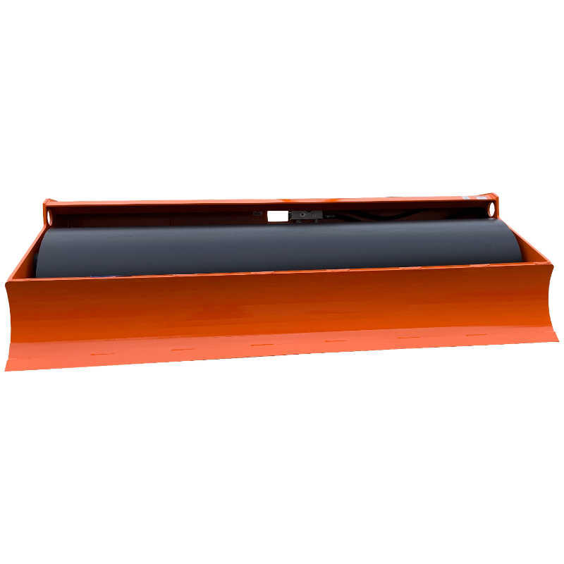 Orange soil leveling attachment with black cylindrical roller and flat bottom blade viewed from front angle