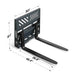 angled front view of black 36-inch mini skid steer pallet fork attachment with dimensional measurements gallery position 1