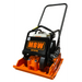 Plate compactor with orange base, black frame, white fuel tank, MBW logo panel, and tubular handle viewed from front angle