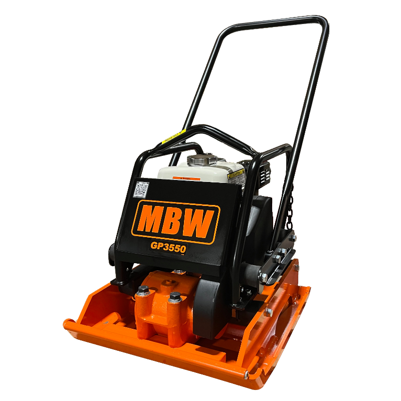 Plate compactor with orange base, black frame, white fuel tank, MBW logo panel, and tubular handle viewed from front angle