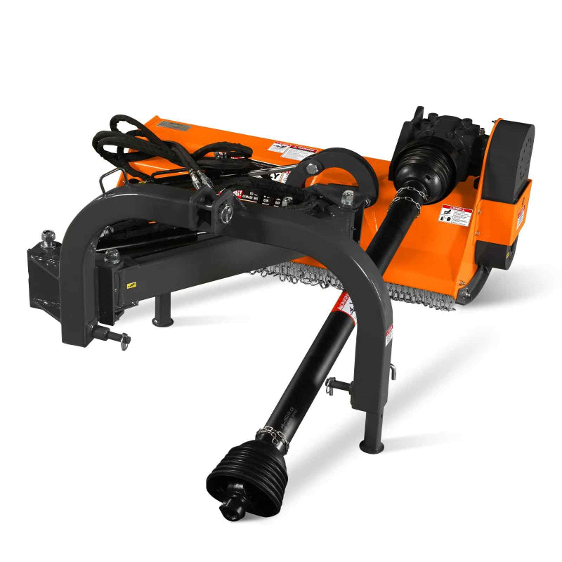 front angled view of orange MechMaxx 48-inch standard 3 point offset flail ditch bank mower, gallery position 1