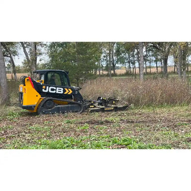 Square 800x800 image of JCB skid steer with Stinger Attachments TF3 Twister brush cutter in field clearing brush